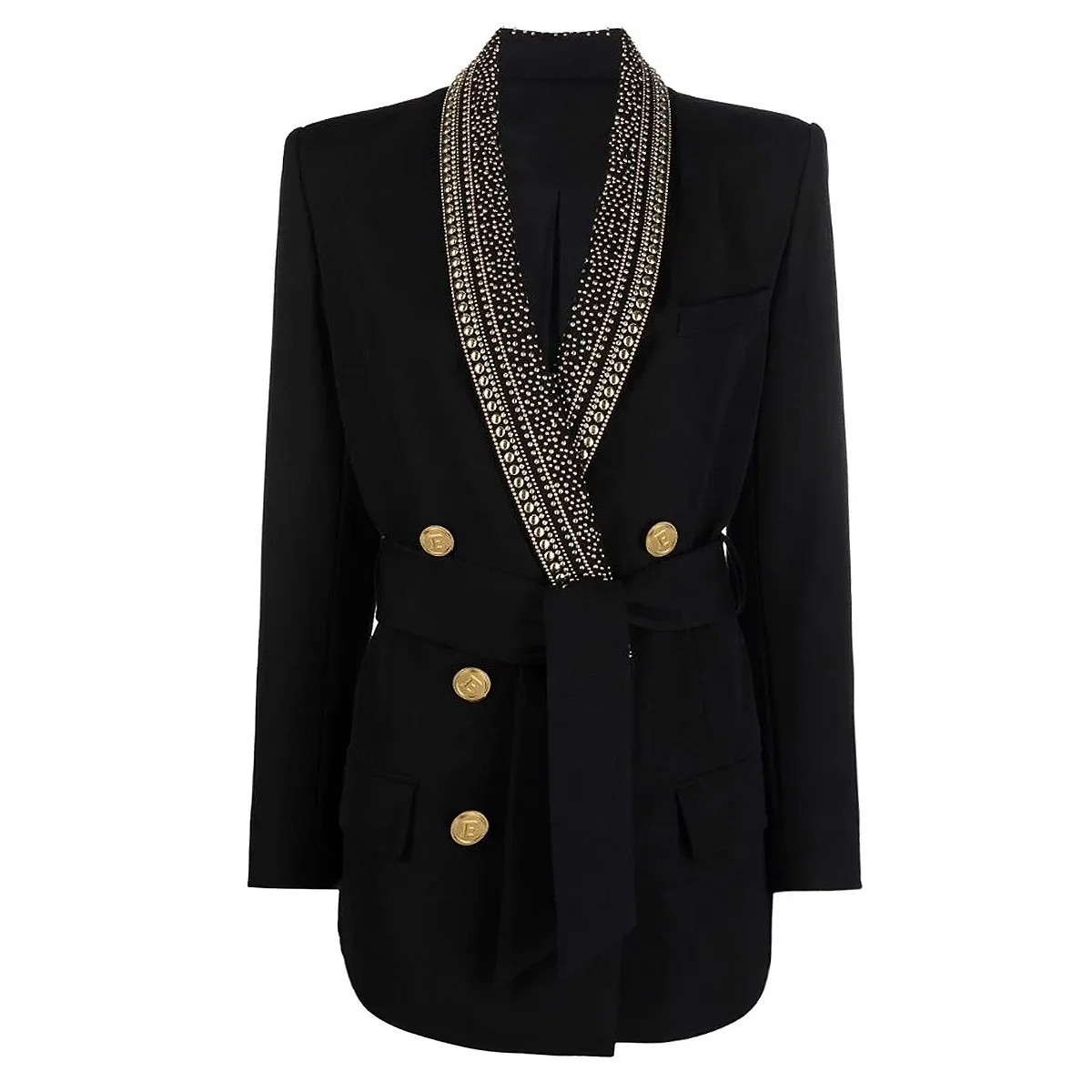 Desinger-chaqueta blanca con cordones para mujer, Blazer Vintage con cuentas de lentejuelas doradas con cuello chal, estilo Retro