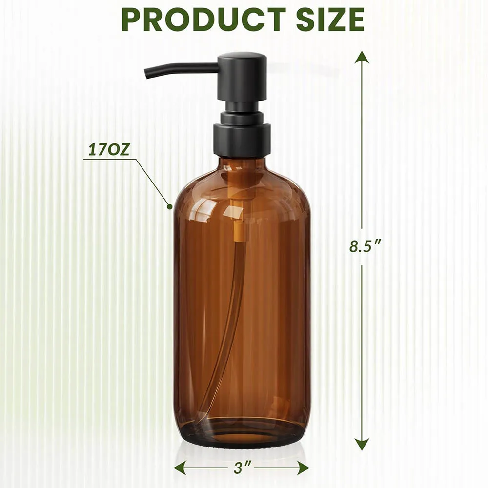 Amber Glass Soap Dispenser with Black Pump, Liquid Hand Soap Dispenser for Bathroom, Kitchen Dish Soap Dispenser, 16Oz 500ml view 3