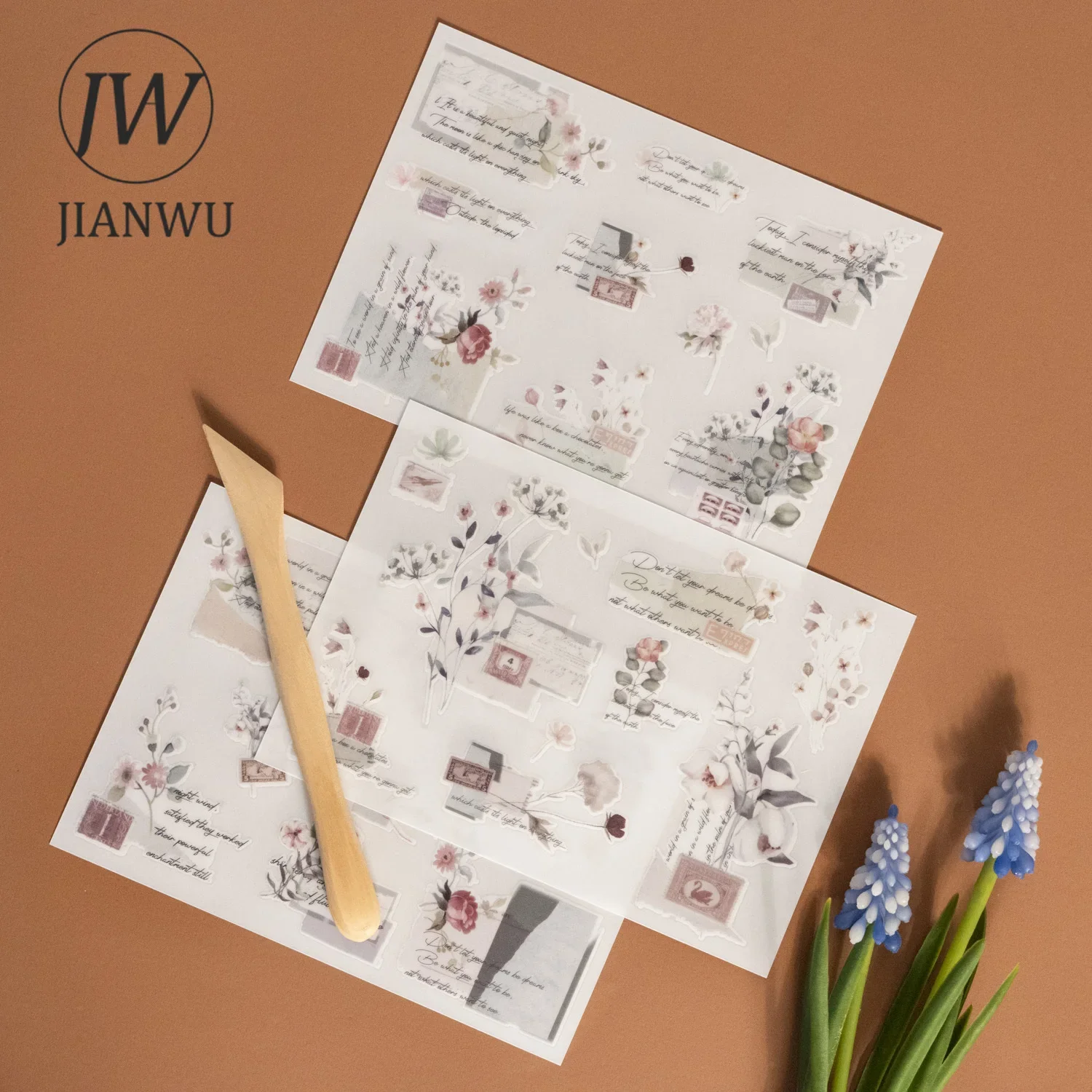 JIANWU 3 Sheets Long Talk of Flowers Series Literary Floral Material Collage PVC Transfer Sticker Creative DIY JournalStationery