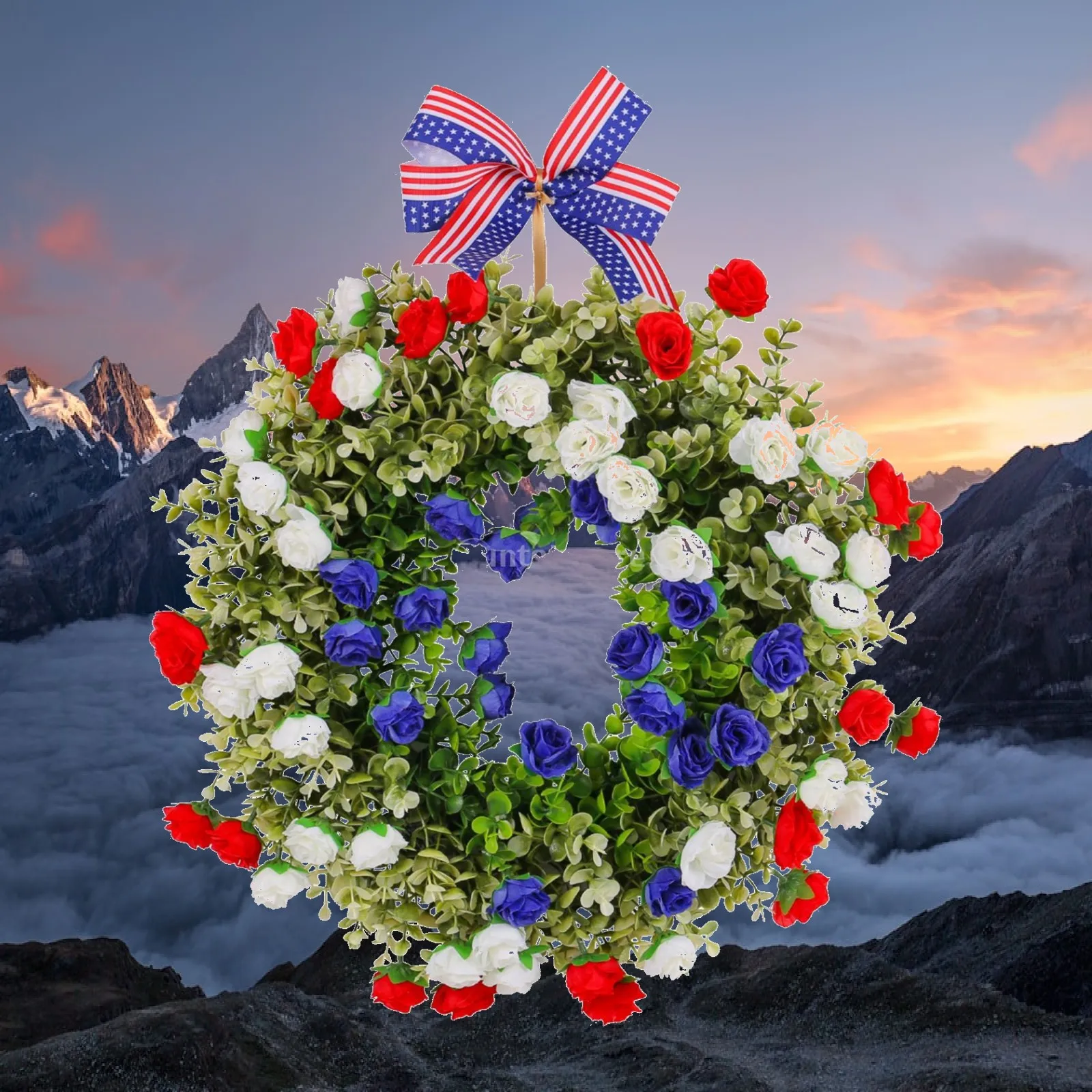 Front Door Wreath for Independence Day Patriotic Decoration with Artificial Roses and Bowknot Red White Blue