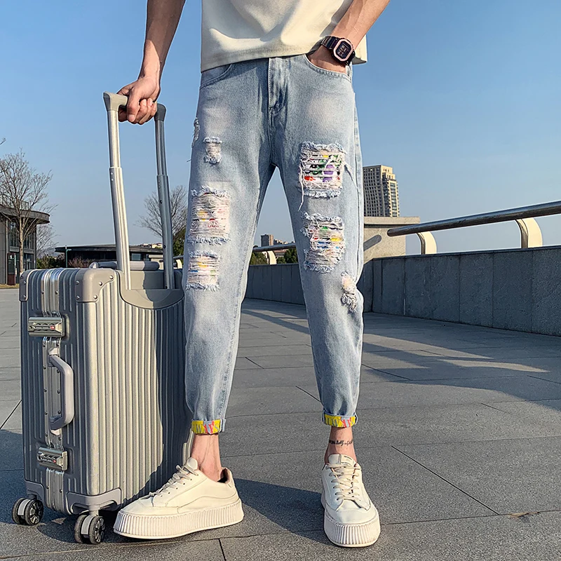 New Ripped Jeans For Men Korean Fashion Slim Fit Ankle Length Mens Denim Pants All Match Hole Men's Jeans Trousers Light Blue