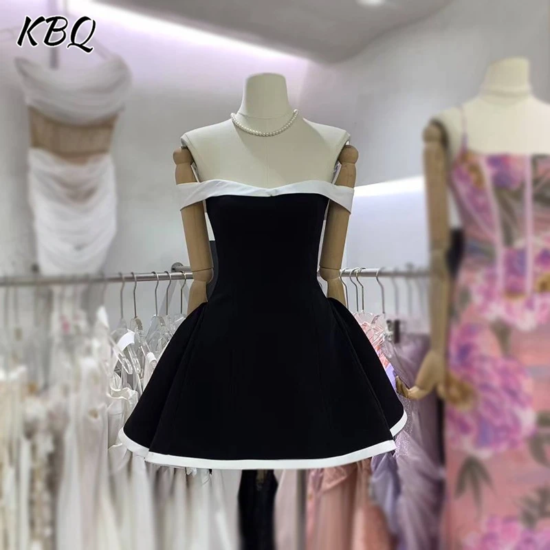 

KBQ Hit Color Tunic Mini Dresses for Women Slash Neck Off The Shoulder Sleeve High Waist Temperament Backless Dress Female New