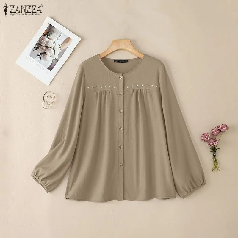 

Женская блузка ZANZEA 2026: весенняя, с круглым вырезом, длинным рукавом, повседневная, однотонная, на пуговицах, свободная рубашка-туника оверсайз для офиса