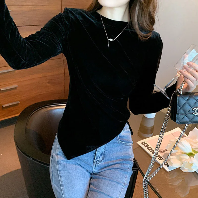 Autumn Winter Korean Slim Solid Color Irregular Tops Women\'s Clothing Fashion Round Neck Commute Simplicity Long Sleeve T-shirt