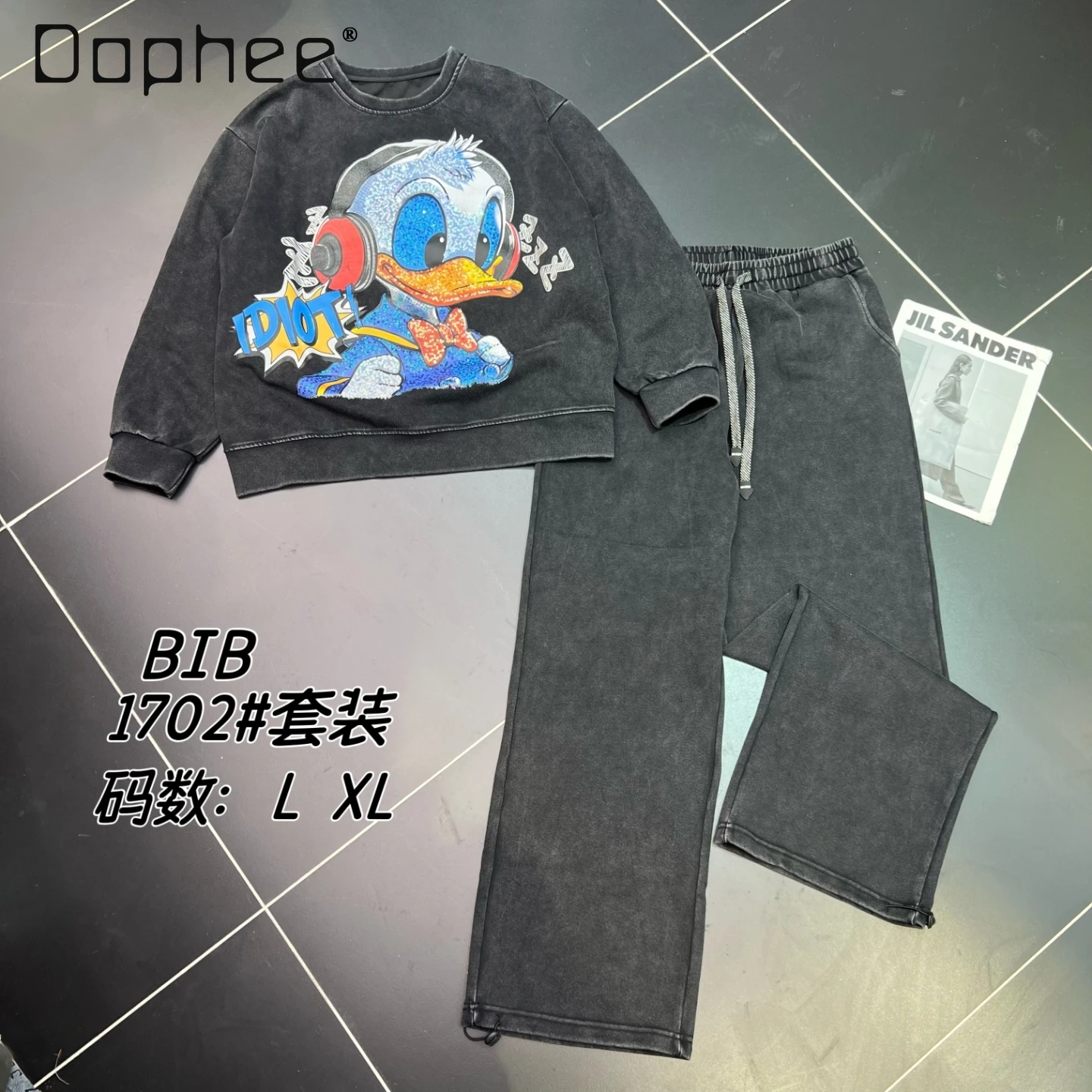 

Heavy Cartoon Duck Print Street Trendy Suit 2025 Autumn NewLoose Casual Sweatshirt and Sweatpants Two-Piece Set for Women