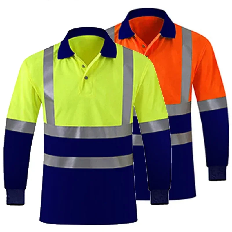 Summer Quick Dry Shirt Hi Vis Workwear Contrast Color Safety Long Sleeve Polo Shirt Reflective Work Tops For Working