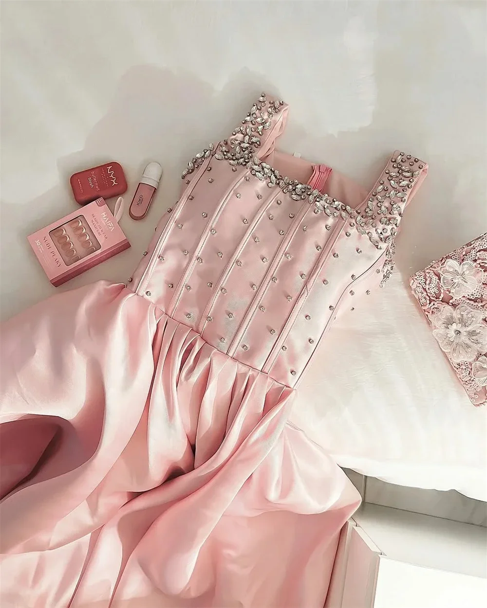 

Customized Satin Corset Square Neck Prom Dresses Straps Beaded Bodice A Line Floor-Length Romantic Party Gowns