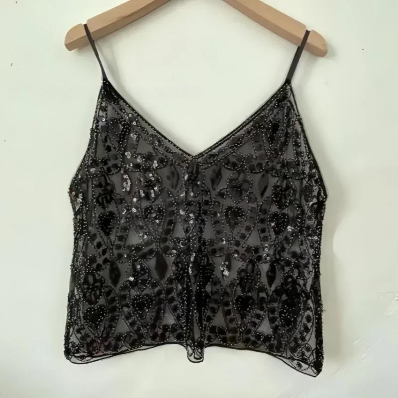Women's Hot Sweet Sequin Bead Crop Tops Sexy Sling Slim Fit Short V-neck Straight Tank Top Korean Fashion Y2k Clothing - view 2