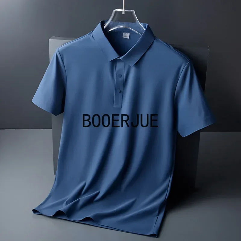 M-8XL Summer Ice Silk Polo Shirt High-End T-Shirt Solid Color New Half Sleeve Non-Marking Casual Lapels Business Thin Menswear