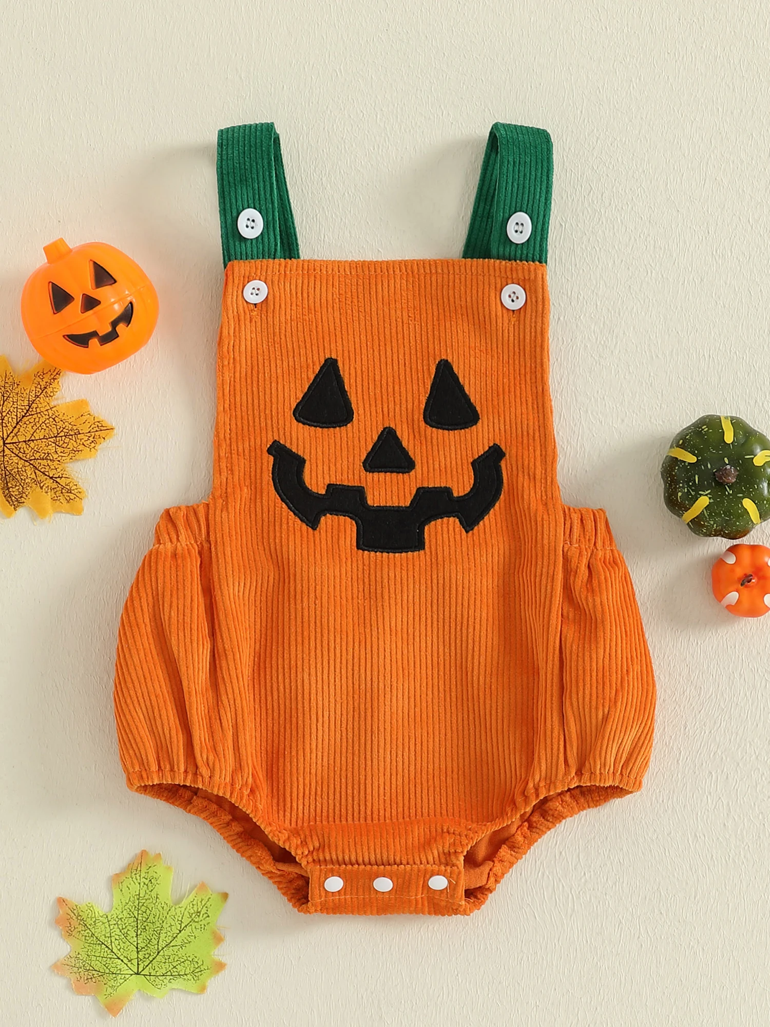 

Infant Halloween Costume Pumpkin Print Sleeveless Romper with Colorful Overalls for Festive Party Celebration