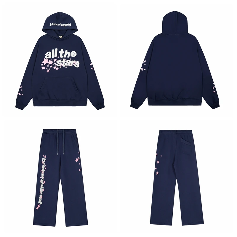 

Pink Star Print Fce Lined Hoodie Straight Leg Pants Set Youth Casual Sportswear Trendy Streetwear Autumn Collection