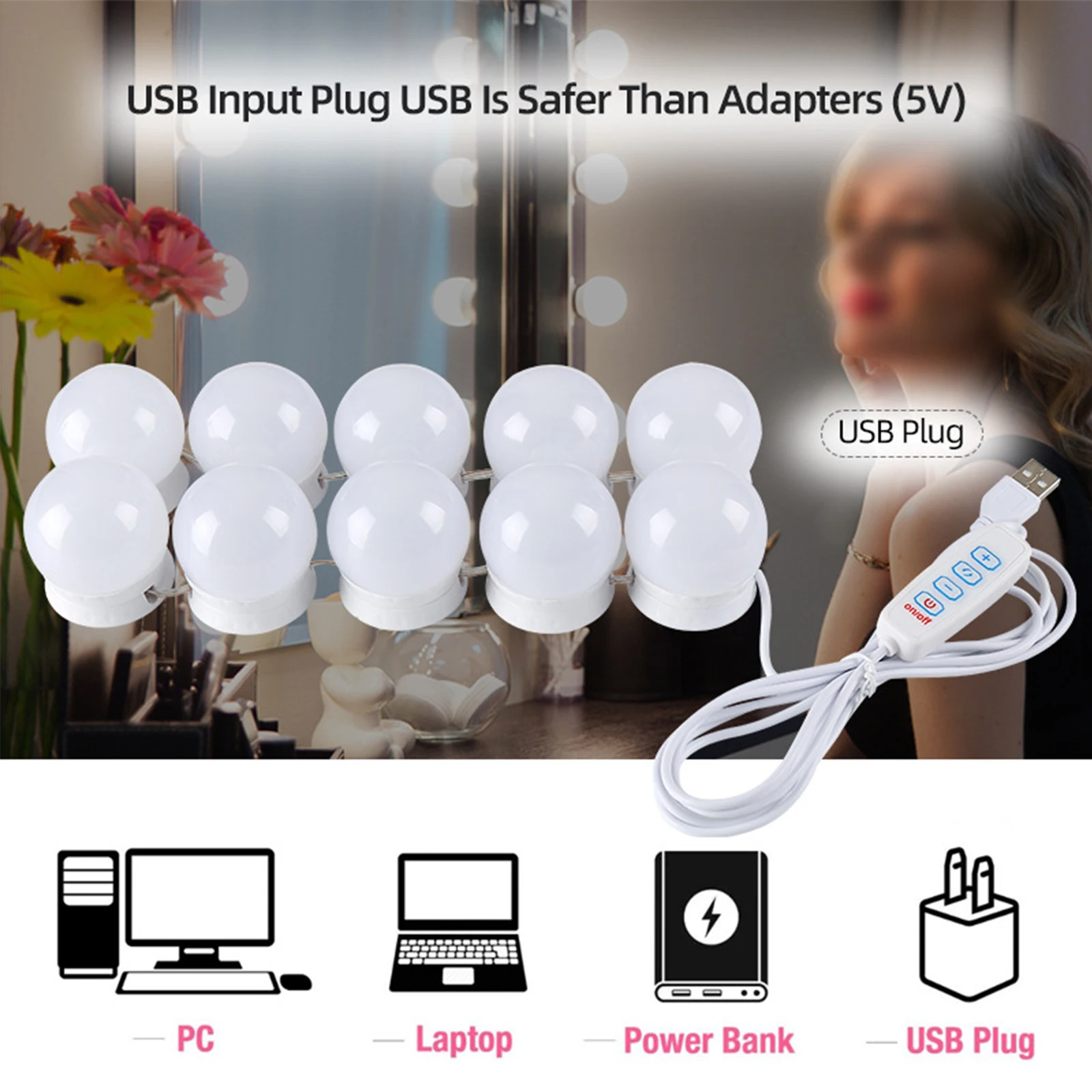 USB LED المرآة البالونية ضوء لمبة عكس الضوء مرآة ماكياج أضواء خلع الملابس الخفيفة مع 3 درجات حرارة اللون 10 مستويات السطوع #5