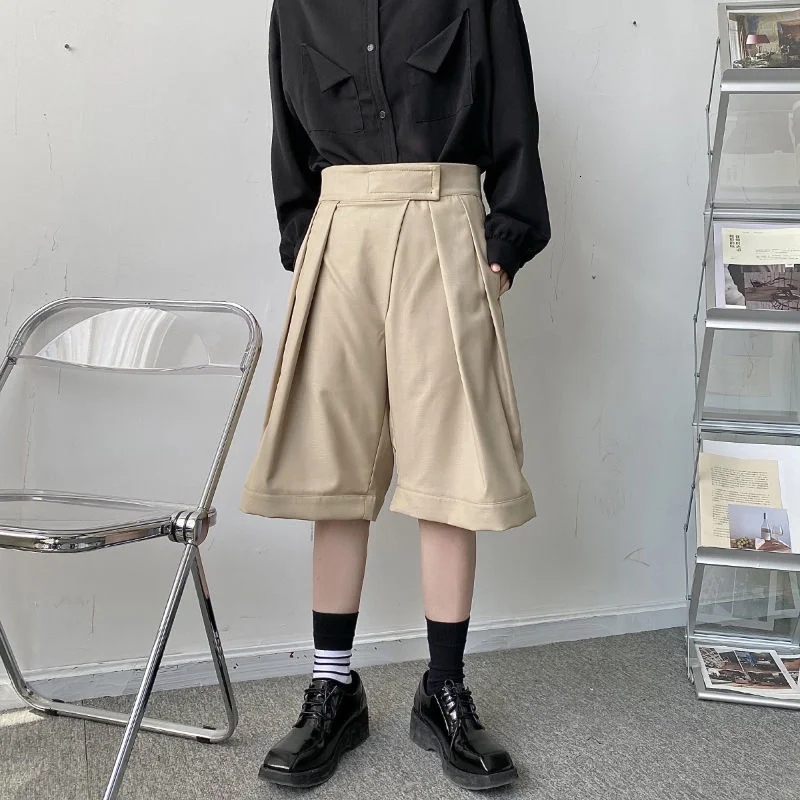 New 2022 Niche Design Pasted High Waist Khaki Causal Wide Leg Shorts Summer Korean Trend Men's Knee Length Pants 2Y8372