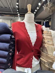Pockets Red Slim Sweater Cardigan Woman O-Neck Single Breasted Long Sleeve Cotton Sweaters Coat Spring Sweet Knitwear Y2k Top