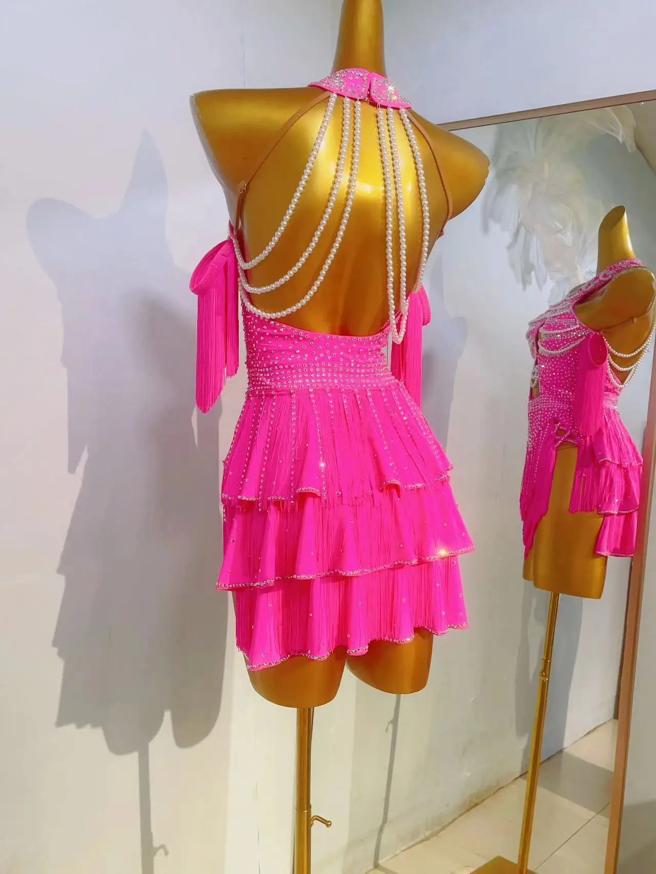 Latin Dance Dress Customized Exquisite Pearl Tassel Dress Adult and Children Tango Samba Cha Cha Dance Competition Dresses
