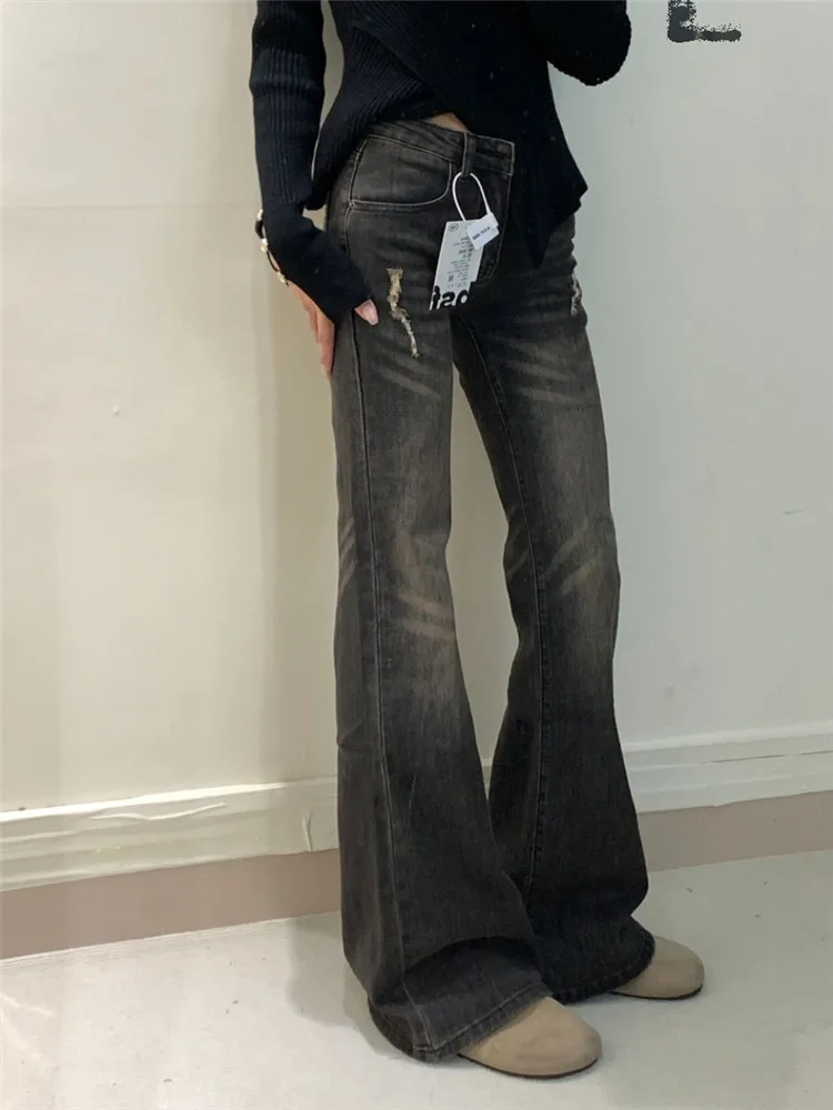 

American Retro Low Waist Bell Bottom Jeans Women's Slim Fit Elastic Wear Resistant Long Floor Length Pants Autumn Winter