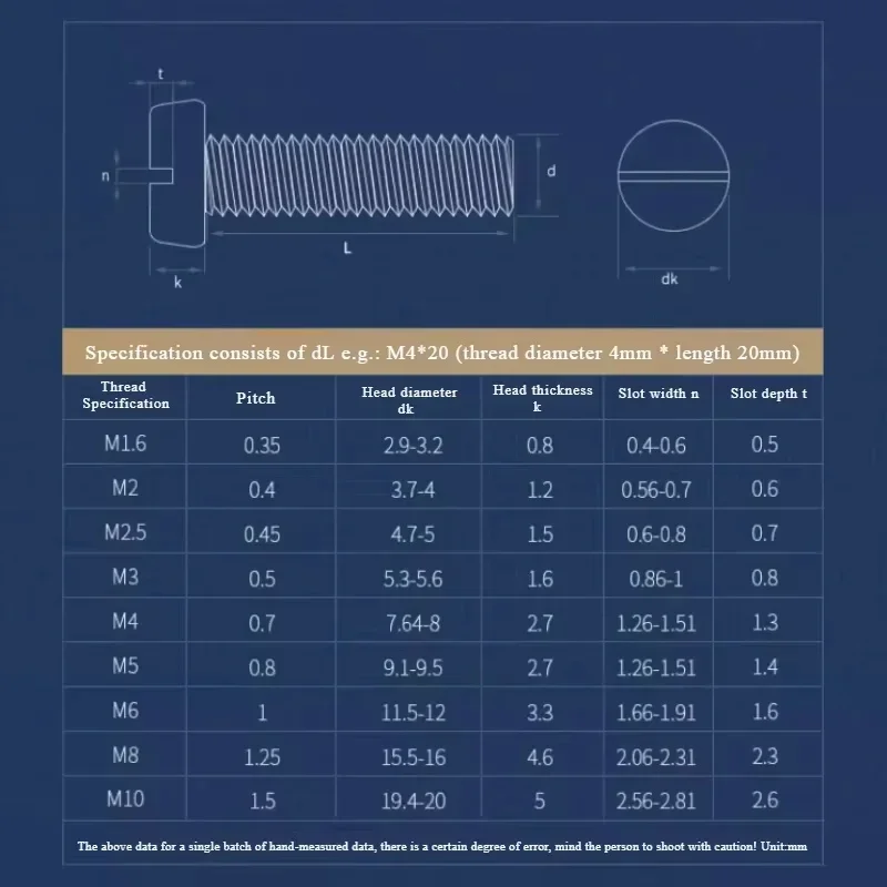 M1.6 M2 M2.5 M3 M4 M5 M6 M8 M10 304 Stainless Steel Slotted Cap Head Column Round Cheese Head Screw Bolt Length: 3-90mm