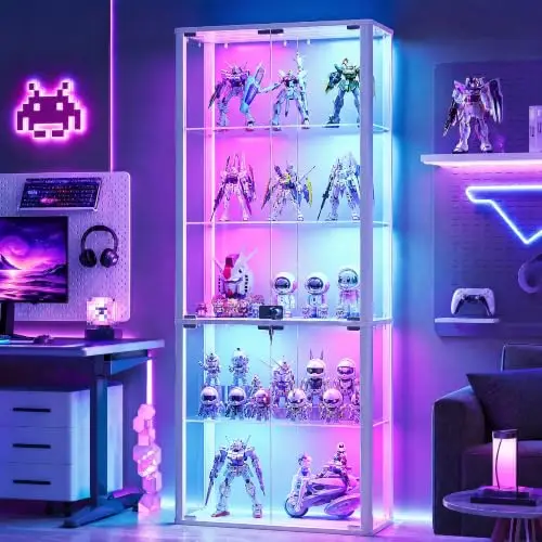 5 Tier Glass Display Cabinet with RBG Lights for Living Room,White | Curio Cabinet with Lockable, 63