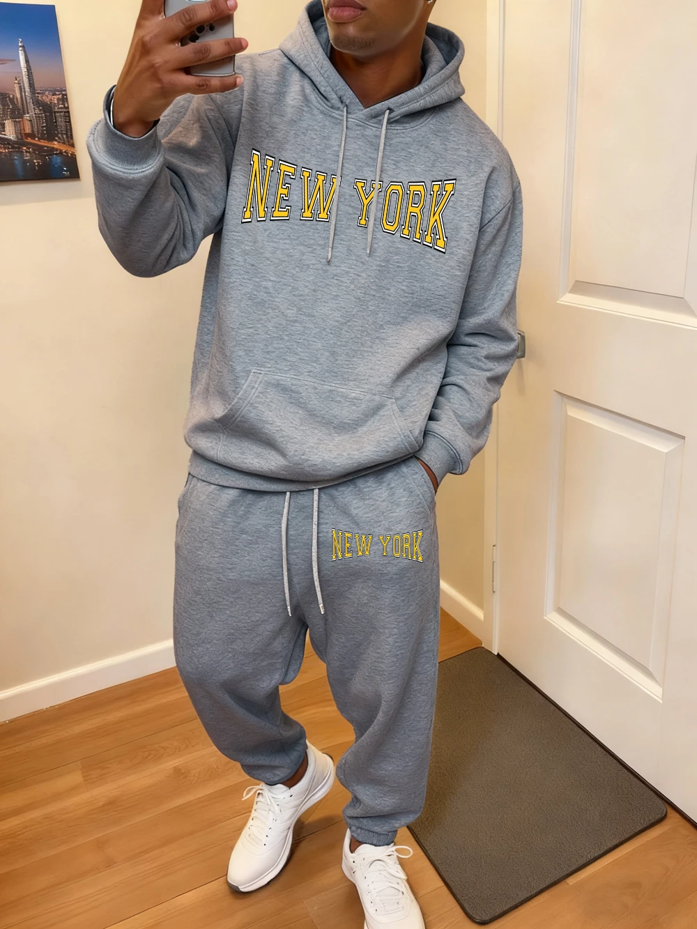 2 قطعة مجموعة هوديس رجالي نيويورك الولايات المتحدة الأمريكية ريترو رسالة مطبوعة Sweatpants الشتاء فضفاض الصوف الركض وتتسابق ملابس رياضية جيب