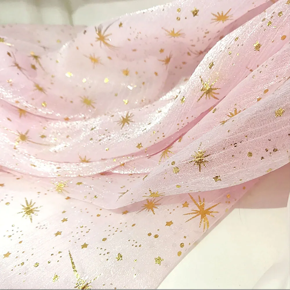 150x50cm Glitter Golden Gilded Wrinkle Sheer Crepe Star Moon Fabric DIY For Dress Wedding Decor Black White Blue Pink Organza