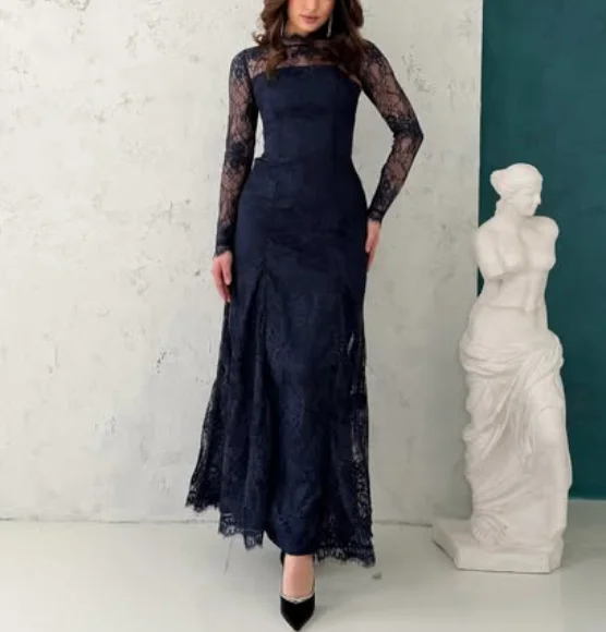 High Quality Customized High Collar Ankle Length Full Sleeves Black Vestidos De Fiesta Elegantes 2026 Serene Hill Dresses فستان