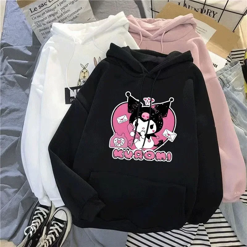 Sanrio Kuromi Anime manga comprida com capuz, Pulôver estampado bonito dos desenhos animados, Roupa externa, Camisa da moda, Brinquedos pano kawaii, Primavera e outono