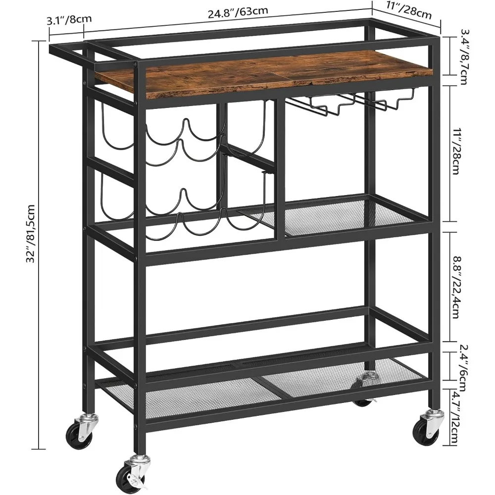 عربة بار، عربة خدمة من 3 طبقات بعجلات ومقابض، عربة نبيذ مع رف نبيذ، رف زجاجي ورف مطعم قابل للطي