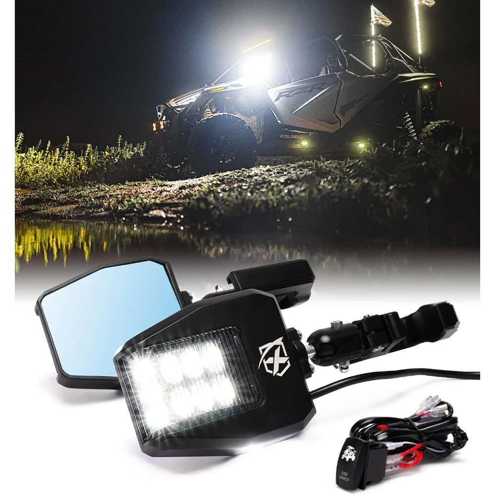 UTV Side Rear View Mirrors Aluminum Alloy with LED Puddle Lights for 1.75-2