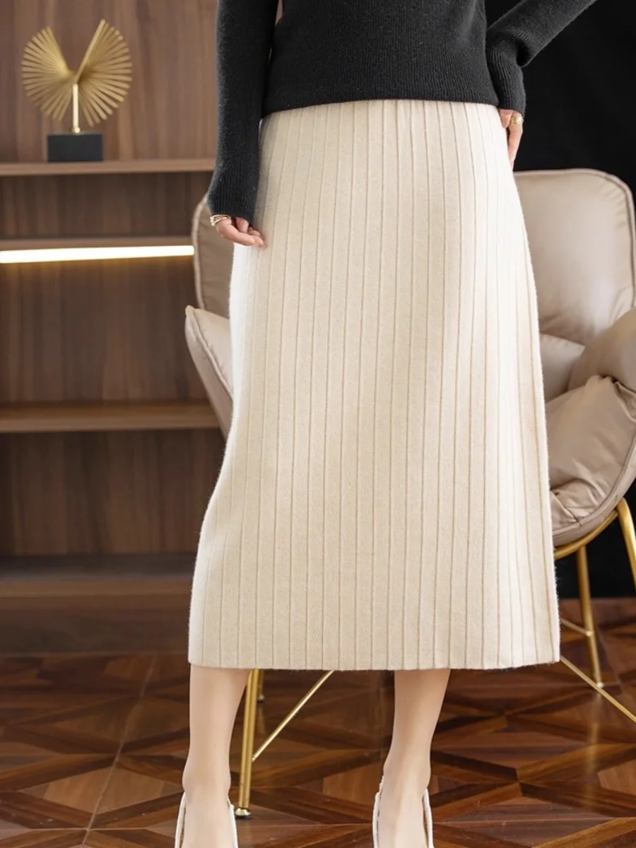 

Женская вязаная теплая юбка миди с высокой талией, прямого кроя, А-силуэт, для офиса и повседневной носки, осенняя новинка