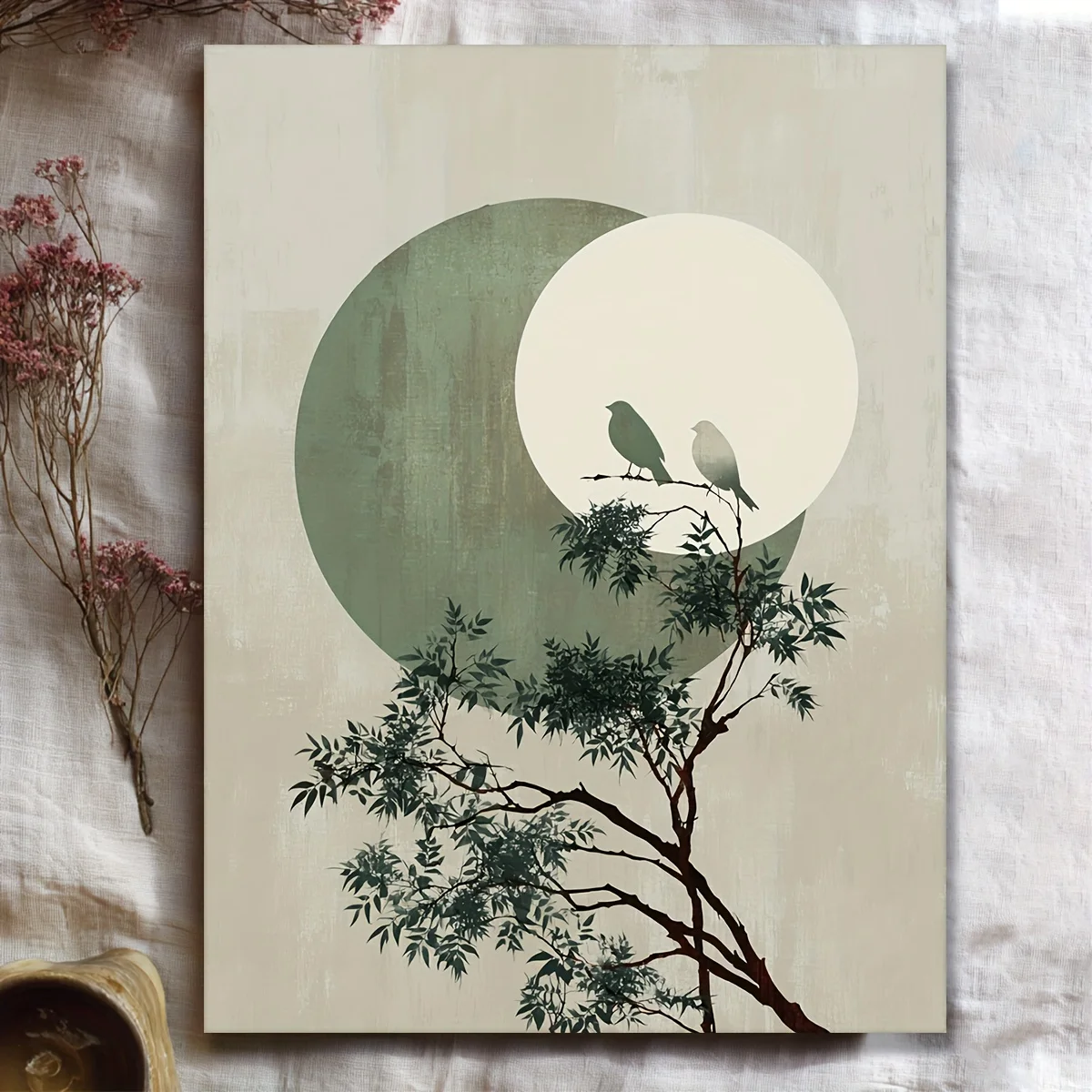 

2D/Flat Large Japanese Manga Birds & Sun Canvas Wall Art Unframed Green & White Abstract Japandi Print for Living Room Decortion