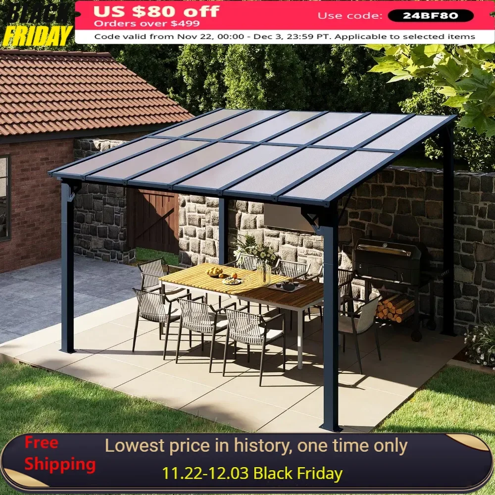 10' X 12' Gazebo for Patio, Gazebo Pergola with Sloped Roof, Large Wall-Mounted Heavy Duty Awnings