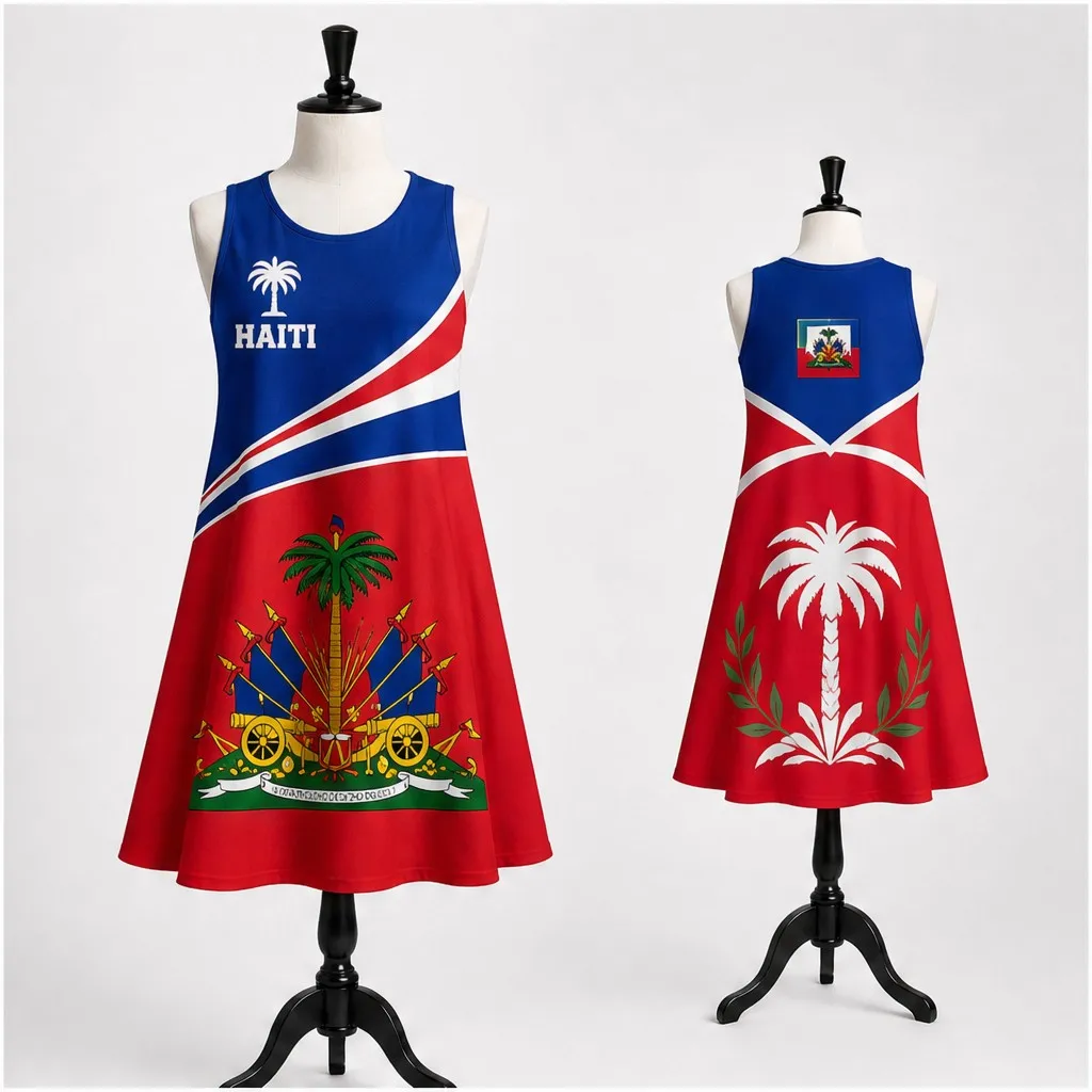 Womens Sleeveless Loose Dress Haiti Palm Crest Print Casual Swing Tank Sundress Summer Vacation Beach Ready Style Relaxed Wear view 2
