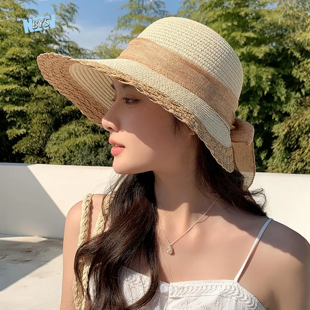 

Portable Straw Weaving Beach Hat Hollow Out Breathable Big Brimmed Woven Cap Thin Cotton Bow Fisherman Cap Camping