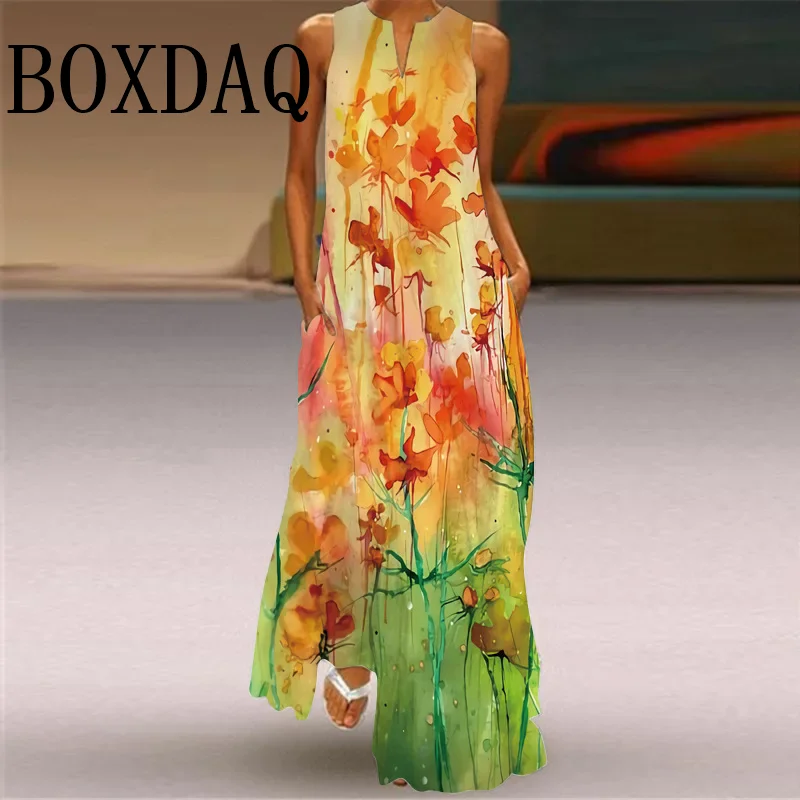 Elegant Long Maxi Dress Casual Sleeveless Tie Dye Flower 3D Printed Vintage Loose Pocket Dress Women Summer Oil Painting Dreeses