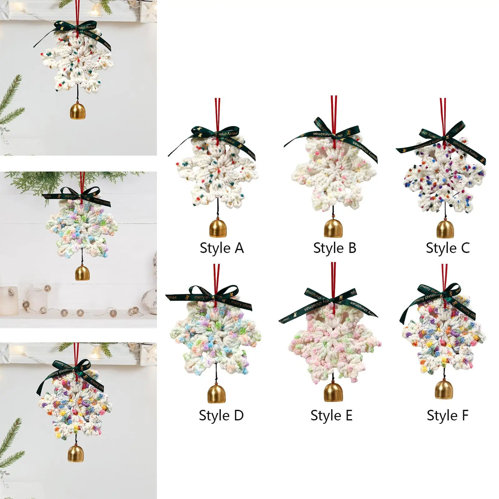 Christmas Yarn Snowflake with Metal Bell Height 16cm Xmas Hanging Ornament Xmas Pendant for Door Knobs Accessory Multifunctional