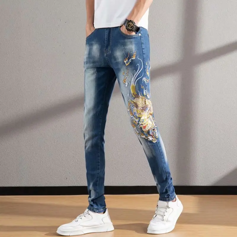 Carp Embroidery Jeans Men's Chinese Style Retro Small Straight Loose Hip Hop Large Size Thin Pants Scorpion Scrapes Shatter 4446