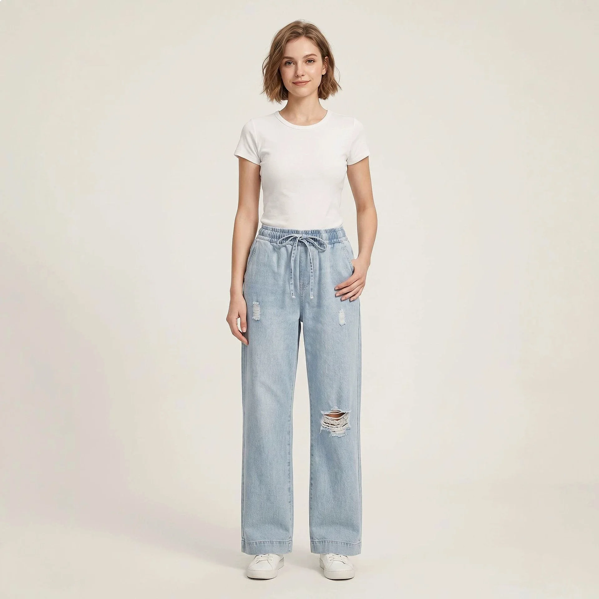 Jean Straight Loose Women's Spring Summer Washed Distressed Drawstring Jeans