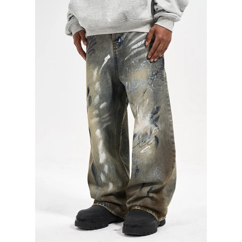 High Street hip-hop Style Graffiti hand-painted splash-ink Rags Dirty Wash wide-leg Jeans Man