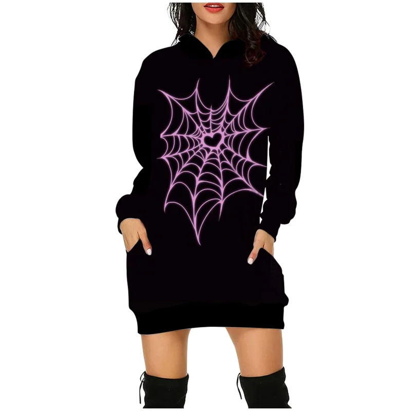 Y2k Purple Spider Web Hoodie Sweatshirt Dress Autumn Women Long Sleeve Hoodie Fashion Halloween Oversize Hooded Pullover Dress