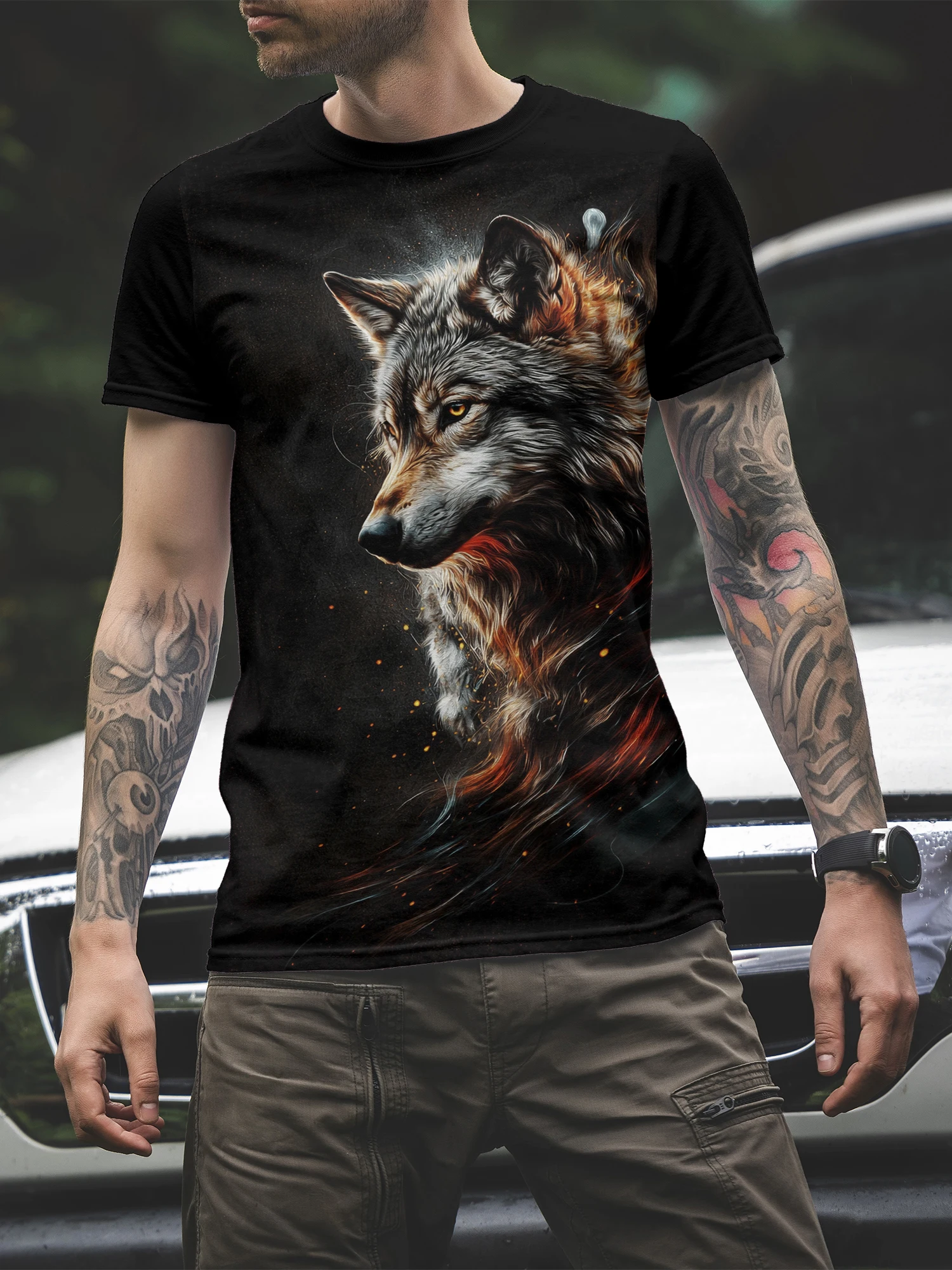 

Мужская футболка с 3D-принтом «Огненный Волк», летняя, оверсайз, повседневная, модная, для фитнеса, с коротким рукавом, топ