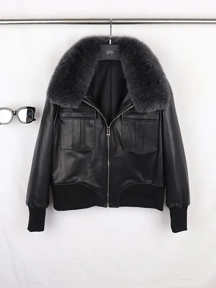 Real Fox Fur Coats Genuine Leather Jackets Fashion Real Sheep Leather Jackets Female Real Soft Genuine Leather Jackets WY1160