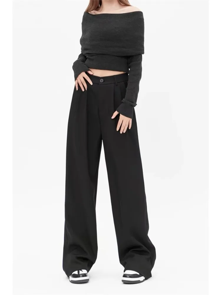 Pantalon plissé à jambes larges pour femme, noir, décontracté, baggy, basique, coréen, formel, classique, look bureau, taille haute, salle de bain, salle de bain, MERCEDES U, fjgy