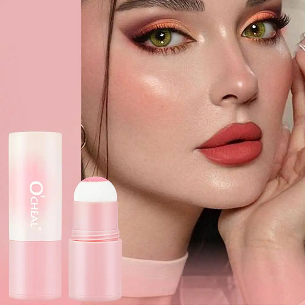 Waterproof Cheek Blush Stick With Sponge Head For Brightening Face Contouring Girly Blush Stick With Sponge Head Korean Mak A4K5