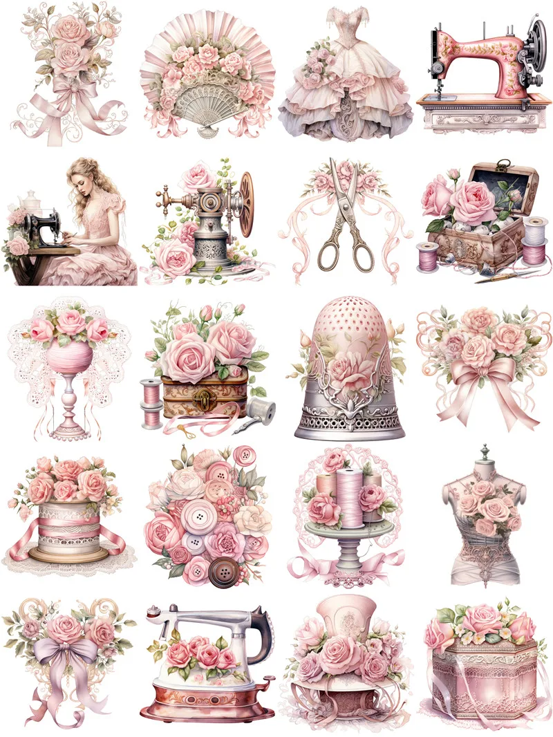 Kawaii Stationery Stickers Retro Vintage Rococo Rose Sewing Girl Junk Journal Diary Decorative Mobile IPAD Scrapbooking DIY