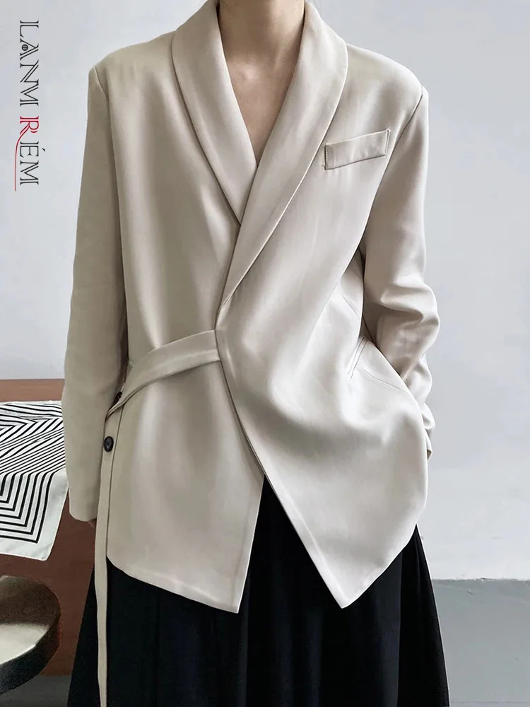 LANMREM Office Lady Blazer For Women Shawl Collar Solid Color Lace-up Gathered Waist Coat 2024 New Casual Clothing 2Z1665