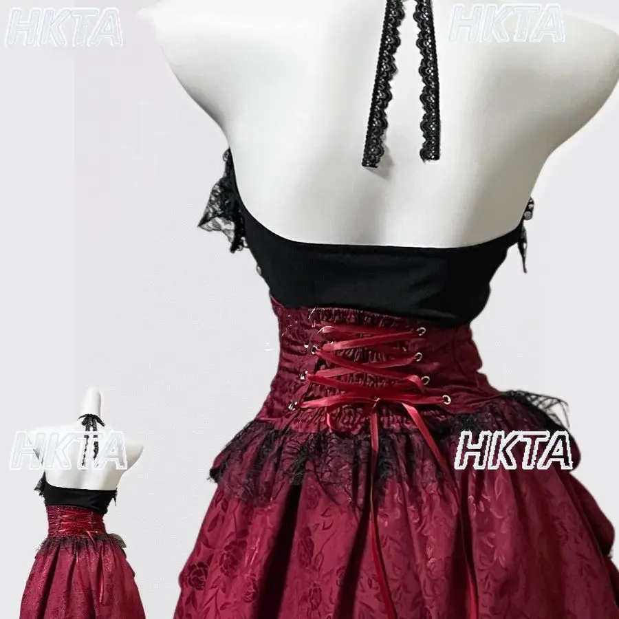 Dark Gothic Style Halter Long Skirt Women Girls Gothic Lolita Heavy Craft Ruffled Lace Skirt Elegant Sexy Sleeveless Vest Set view 5