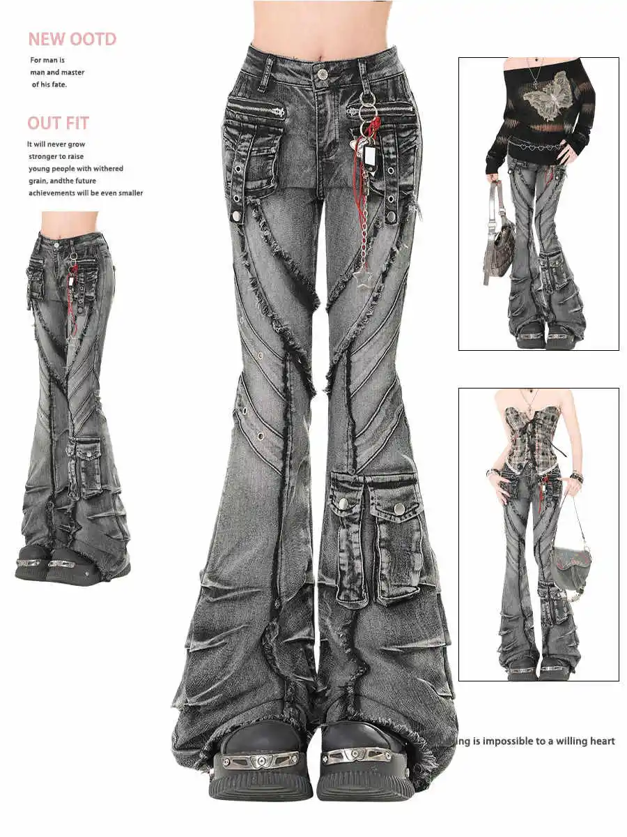 

Japanese Y2K 2026 Autumn Winter Women's Denim Flared Jeans Bell Bottom Designer Kpop 2000s Pants Dark Academia Cargo Goblin Core