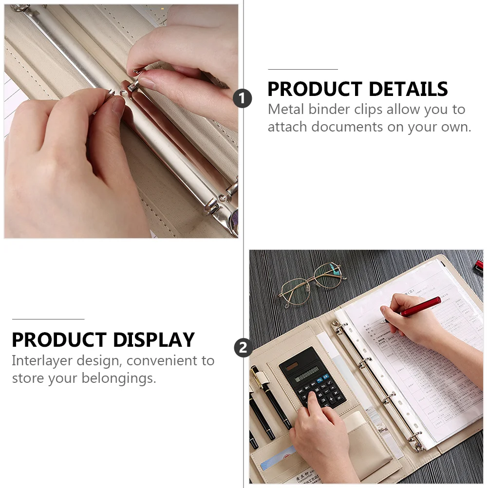 

PU Notebook Binder Business Document Folder Metal Binder Clips Personal Organizer for Office File Folder