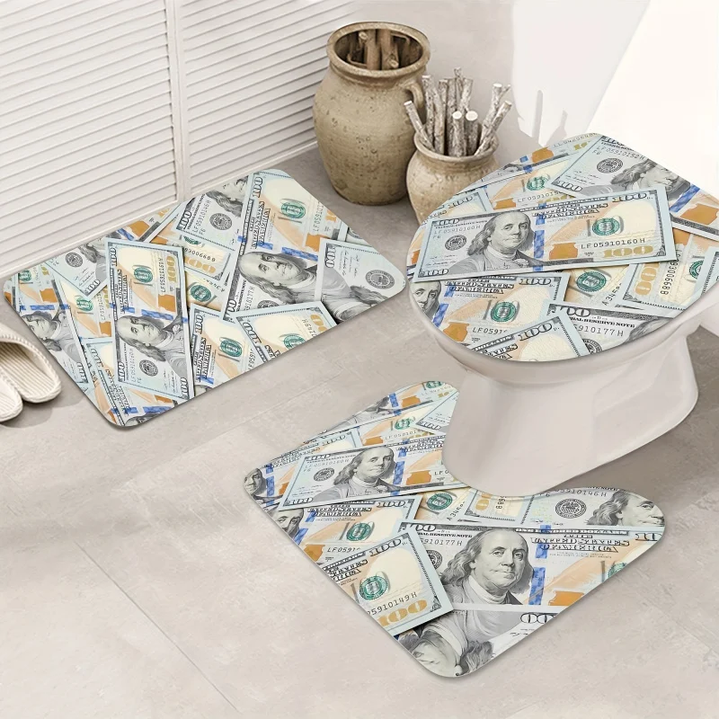 3pcs Soft Absorbent Non-Slip Carpet/rug Set With Dollar Bill Pattern And U-Shaped Contour - Perfect For Bathroom Ru