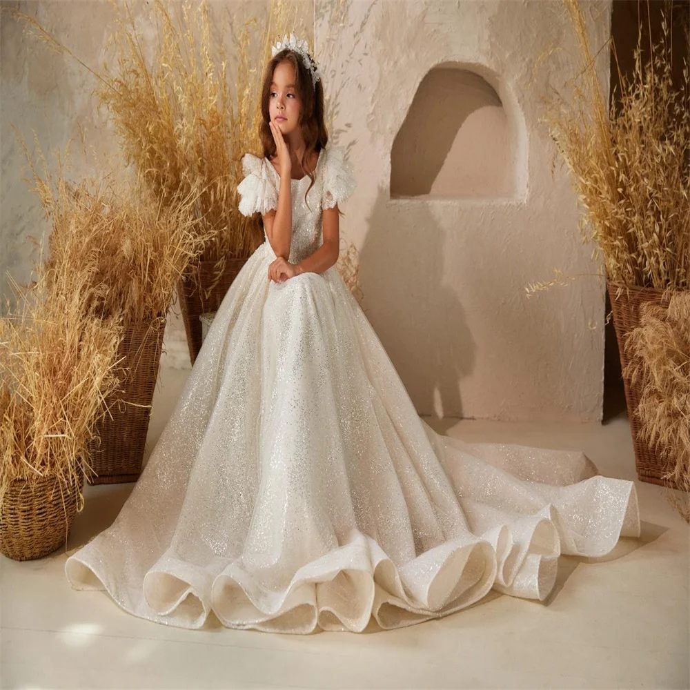 

Luxury Flower Girl Dresses Train Glittering Tulle Special Occasions Birthday Celebrations Wedding junior Bridesmaid Dresses